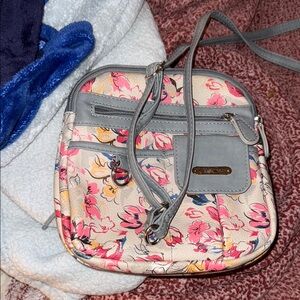 Chic Gray and Pink Crossbody Bag with Floral Elegance